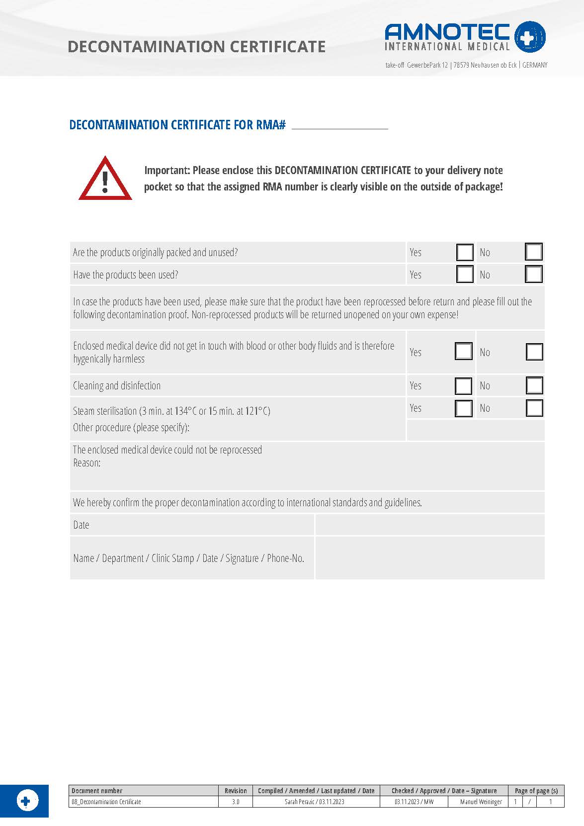 DokumentenBild zu Decontamination Certificate